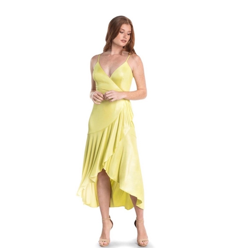 Dress the Population Salome Wrap Dress Size Yellow Satin Midi Dress Size XXL